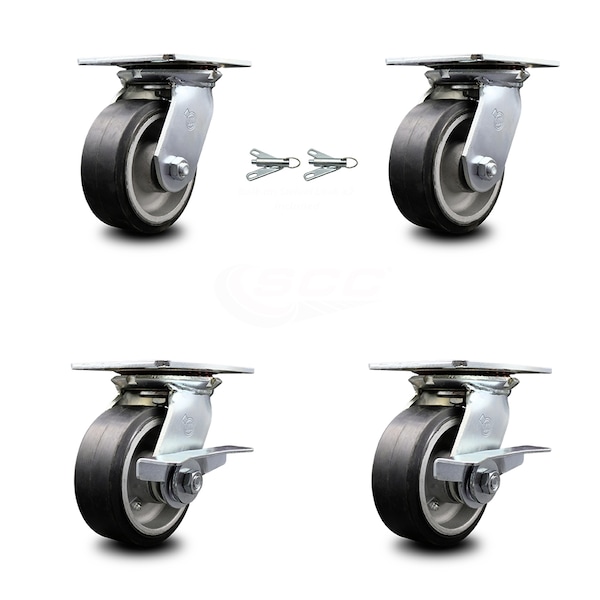 5 Inch Rubber on Aluminum Swivel Caster Swivel Locks 2 Brakes SCC, 2PK